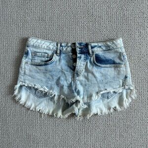Forever 21 Bleached Light Wash Cut Off Button Up Denim Shorts